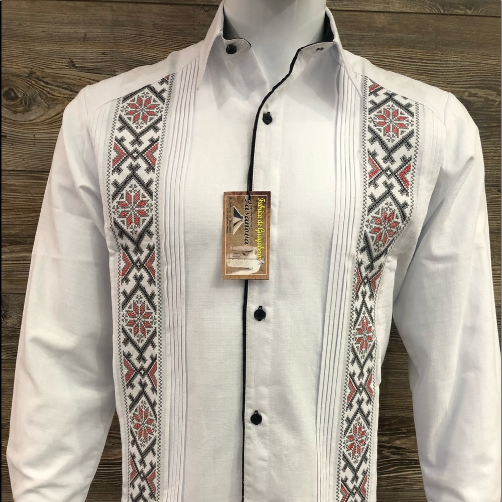 Mexican Guayabera Wedding Dress Shirt Red & Black Embroidery Cross Stitch